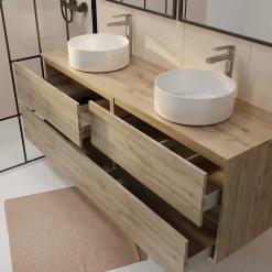 Aurlane Meuble de salle de bains 160 TIMBER Décor Chêne - 4 Tiroirs - 2 Vasques Rondes Blanches