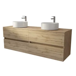 Aurlane Meuble de salle de bains 160 TIMBER Décor Chêne - 4 Tiroirs - 2 Vasques Rondes Blanches