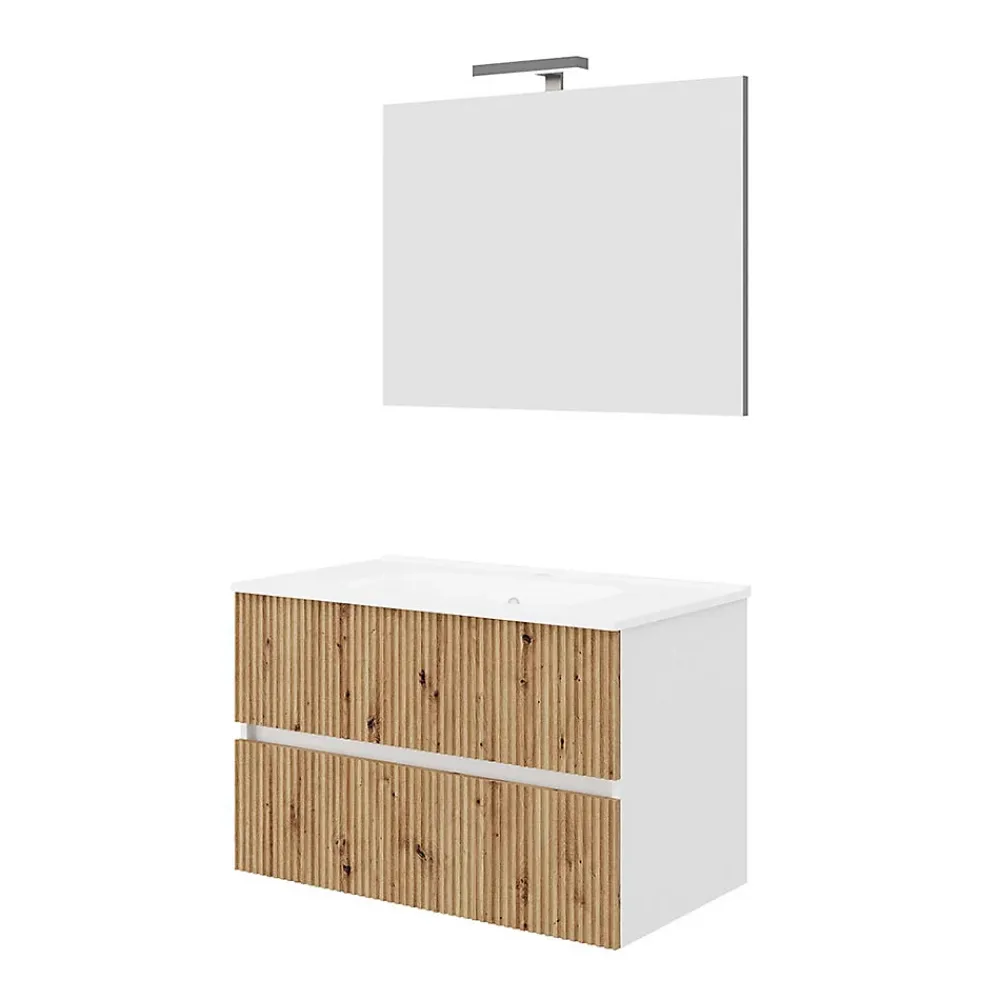 Ensemble Meuble De Salle De Bains|Kiamami Valentina Meuble De Salle De Bains 80Cm Blanc Avec Façade En Chêne Cannelé Et Miroir 80X60