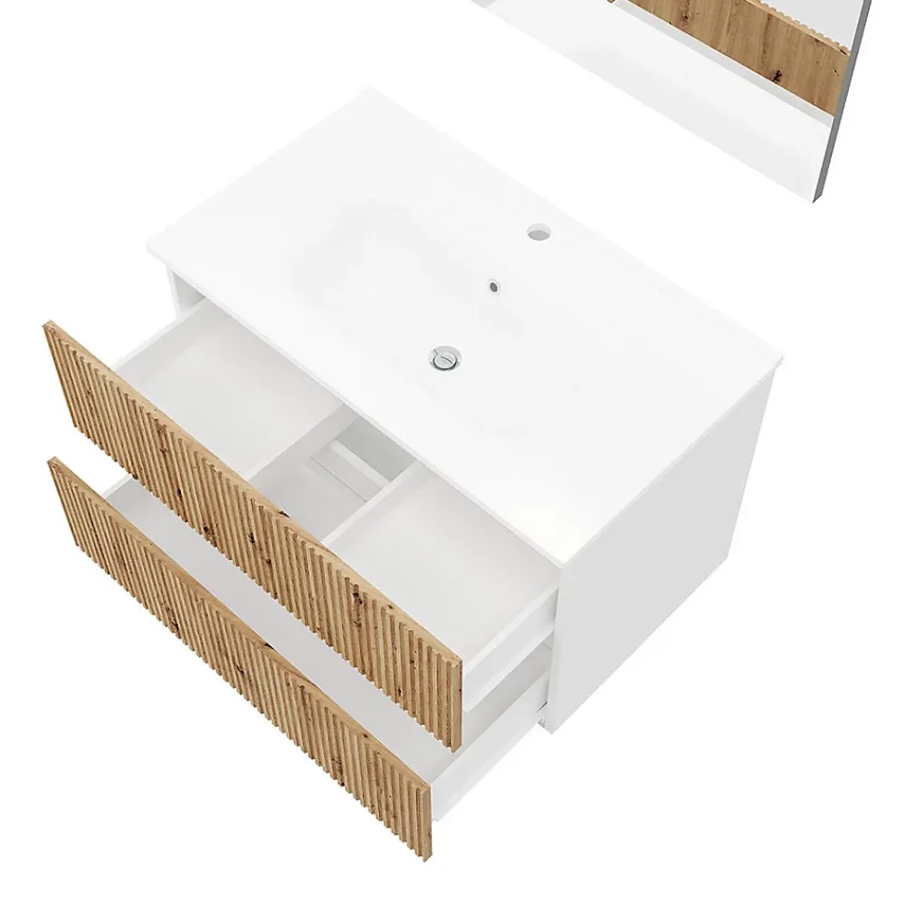 Ensemble Meuble De Salle De Bains|Kiamami Valentina Meuble De Salle De Bains 80Cm Blanc Avec Façade En Chêne Cannelé Et Miroir 80X60