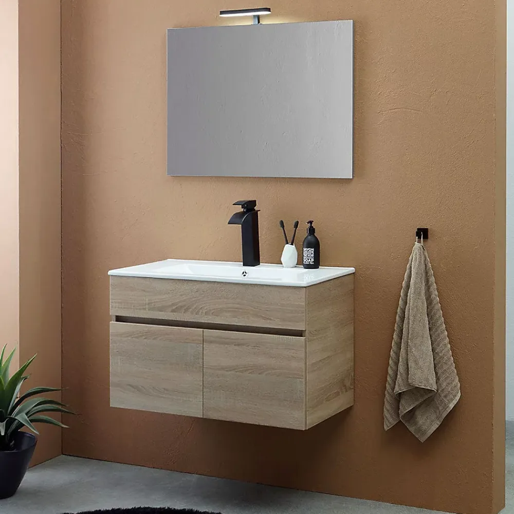 Ensemble Meuble De Salle De Bains|Kiamami Valentina Meuble De Salle De Bains Suspendu Chêne Marron 80Cm, Lavabo Et Miroir 80X60 Silvia