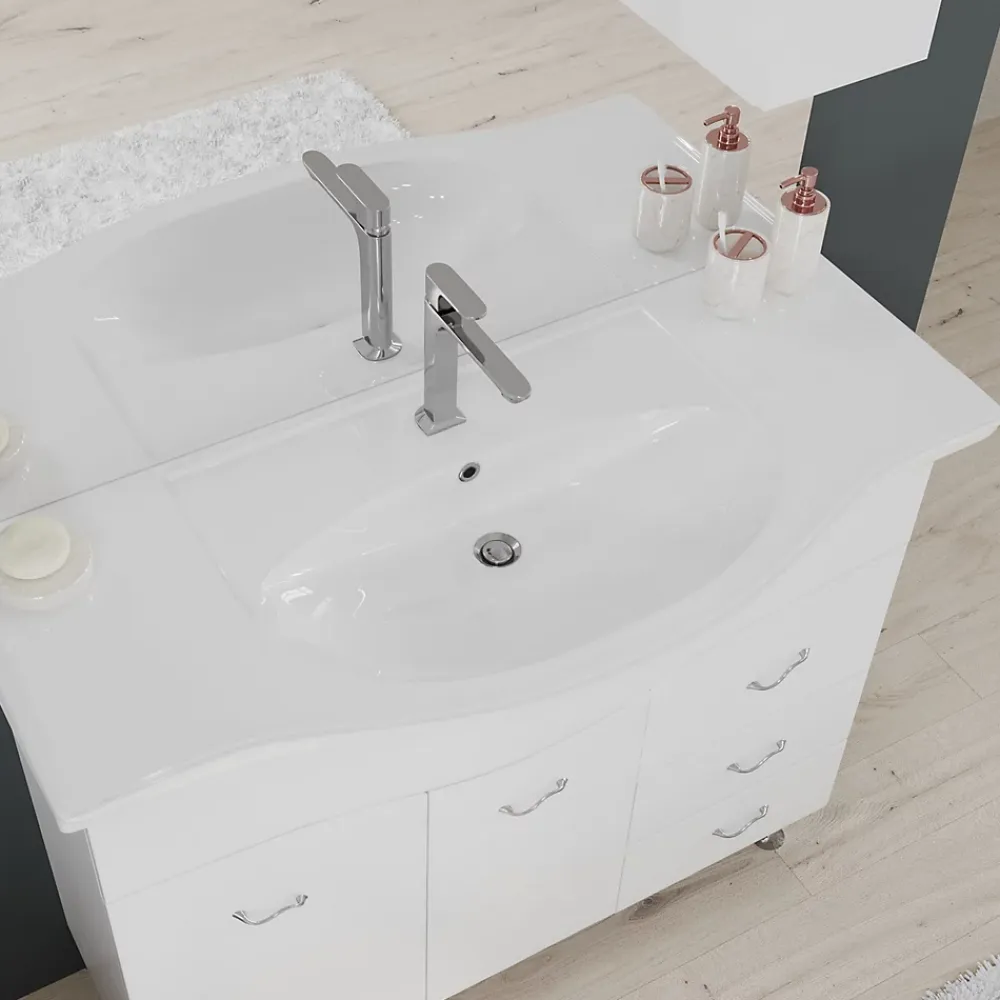 Ensemble Meuble De Salle De Bains|Kiamami Valentina Meuble De Salle De Bains Classique Blanc De 106 Cm Avec Lavabo, Miroir Et Meuble Suspendu.