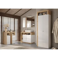 Meublorama Meuble de salle de bains BURA 1 porte Blanc brillant laqué et chene clair Design moderne