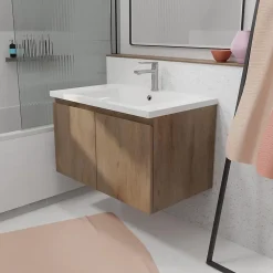Aurlane Meuble de salle de bains 75cm à Suspendre Décor Bois Clair - 2 Portes - Vasque Blanche - ELEMENTARY