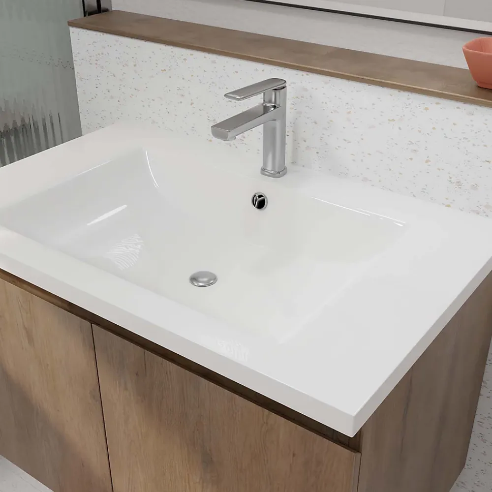 Aurlane Meuble de salle de bains 75cm à Suspendre Décor Bois Clair - 2 Portes - Vasque Blanche - ELEMENTARY