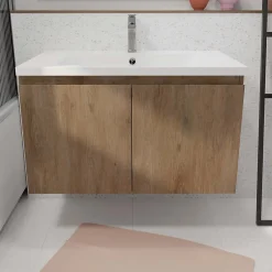 Aurlane Meuble de salle de bains 75cm à Suspendre Décor Bois Clair - 2 Portes - Vasque Blanche - ELEMENTARY