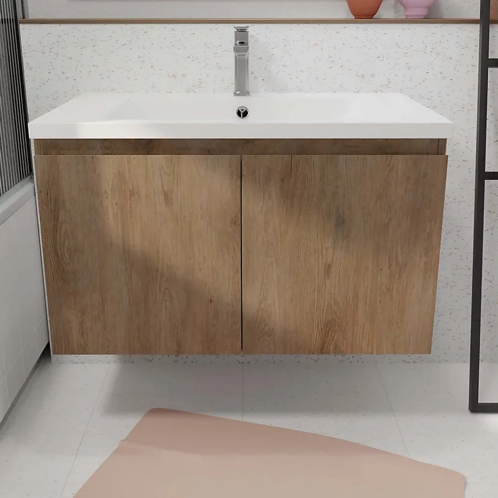 Aurlane Meuble de salle de bains 75cm à Suspendre Décor Bois Clair - 2 Portes - Vasque Blanche - ELEMENTARY