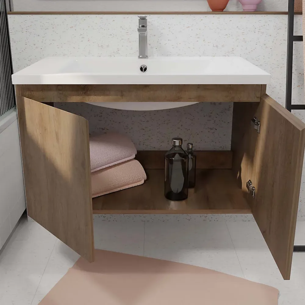 Aurlane Meuble de salle de bains 75cm à Suspendre Décor Bois Clair - 2 Portes - Vasque Blanche - ELEMENTARY