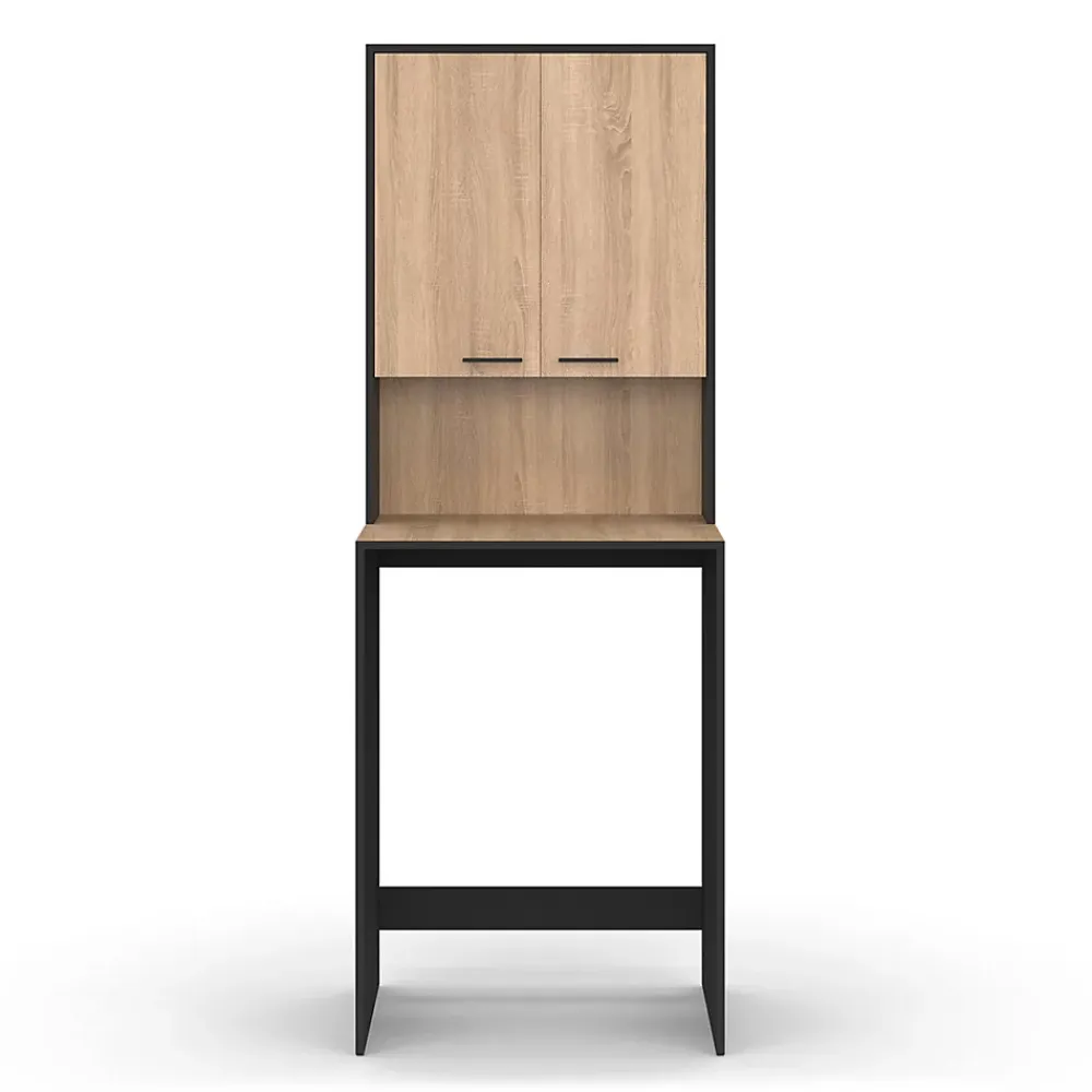 IDMarket Meuble dessus de machine à laver WALLIS avec placard noir et bois façon hêtre