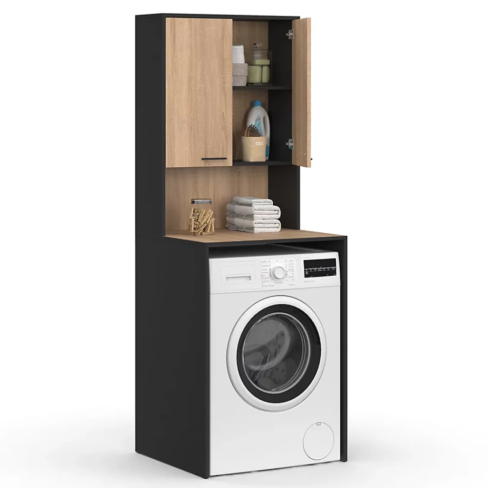 IDMarket Meuble dessus de machine à laver WALLIS avec placard noir et bois façon hêtre