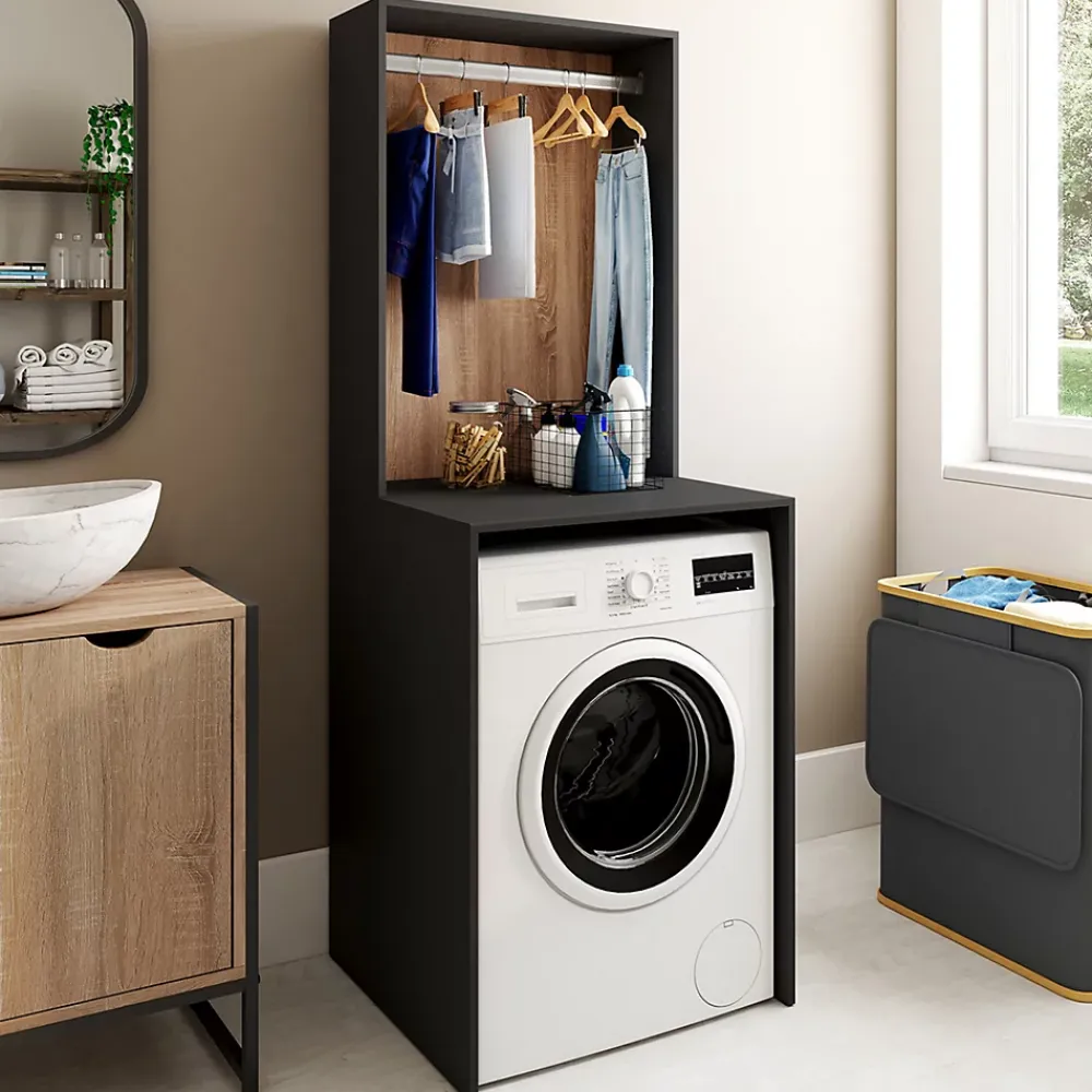 Armoire De Salle De Bains|IDMarket Meuble dessus machine à laver avec penderie WALLIS noir et bois façon hêtre