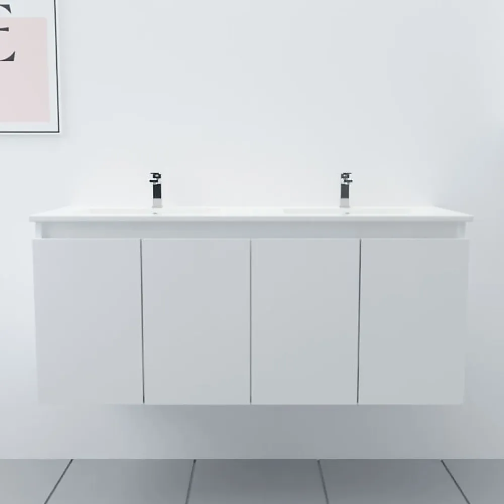 Cuisibane Meuble double vasque 120 cm PROLINE- Blanc- Plan vasque en Céramique