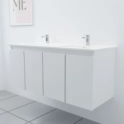 Cuisibane Meuble double vasque 120 cm PROLINE- Blanc- Plan vasque en Céramique
