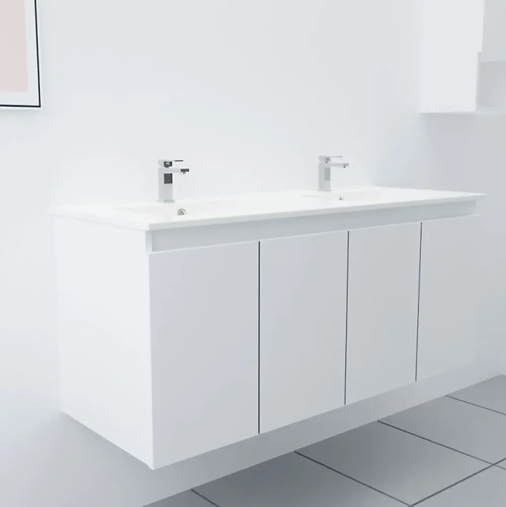 Cuisibane Meuble double vasque 120 cm PROLINE- Blanc- Plan vasque en Céramique