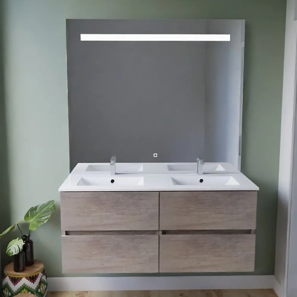 Ensemble Meuble De Salle De Bains|Cuisibane Meuble double vasque 120 cm ROSALY INOX + miroir Elégance ht105- Bois- Plan vasque en Céramique