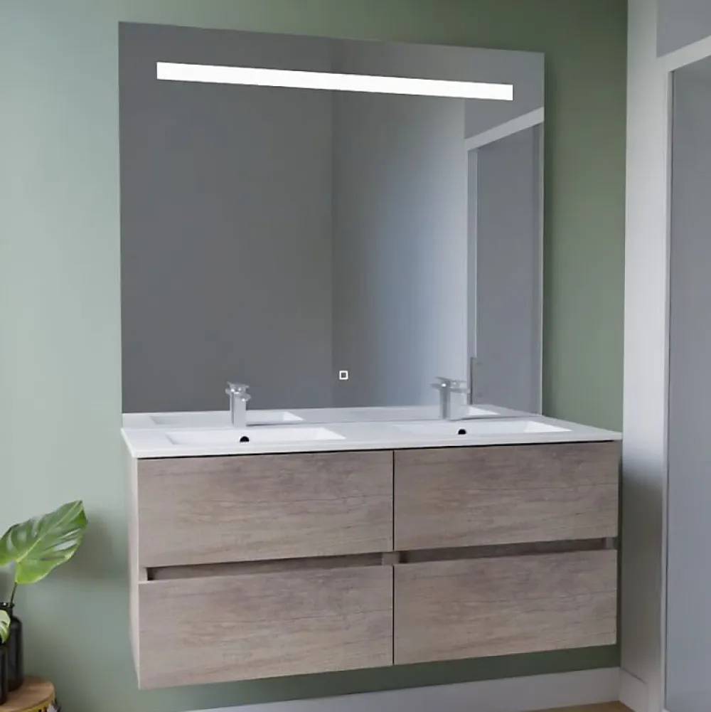 Ensemble Meuble De Salle De Bains|Cuisibane Meuble double vasque 120 cm ROSALY INOX + miroir Elégance ht105- Bois- Plan vasque en Céramique