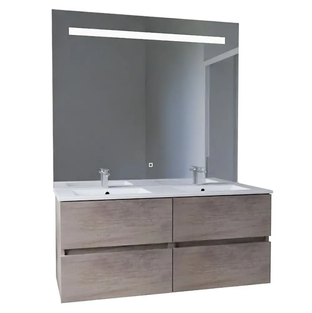 Ensemble Meuble De Salle De Bains|Cuisibane Meuble double vasque 120 cm ROSALY INOX + miroir Elégance ht105- Bois- Plan vasque en Céramique