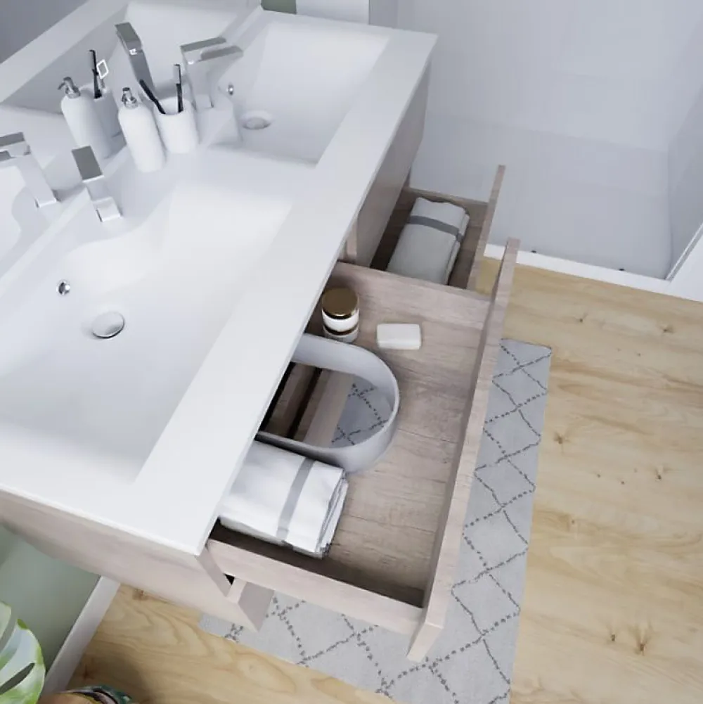 Ensemble Meuble De Salle De Bains|Cuisibane Meuble double vasque 120 cm ROSALY INOX + miroir Elégance ht105- Bois- Plan vasque en Céramique
