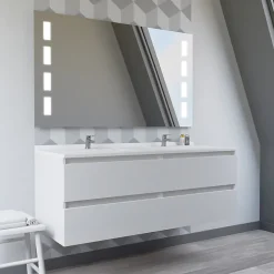 Cuisibane Meuble double vasque 140 cm ARLEQUIN avec miroir Prestige - Blanc - Blanc