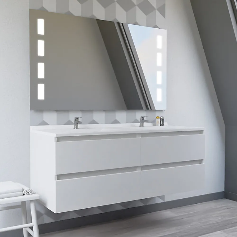 Cuisibane Meuble double vasque 140 cm ARLEQUIN avec miroir Prestige - Blanc - Blanc