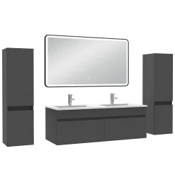 Ensemble Meuble De Salle De Bains|AICA Sanitaire Meuble double vasque anthracite 120cm avec colonne + miroir 3 couleurs + dimmable