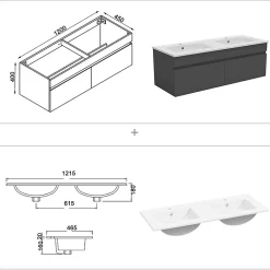 Ensemble Meuble De Salle De Bains|AICA Sanitaire Meuble double vasque anthracite 120cm avec colonne + miroir 3 couleurs + dimmable
