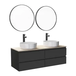 Mob-In Meuble double vasque 120cm avec plan bois SORRENTO Blanc+vasque+robinet+miroir
