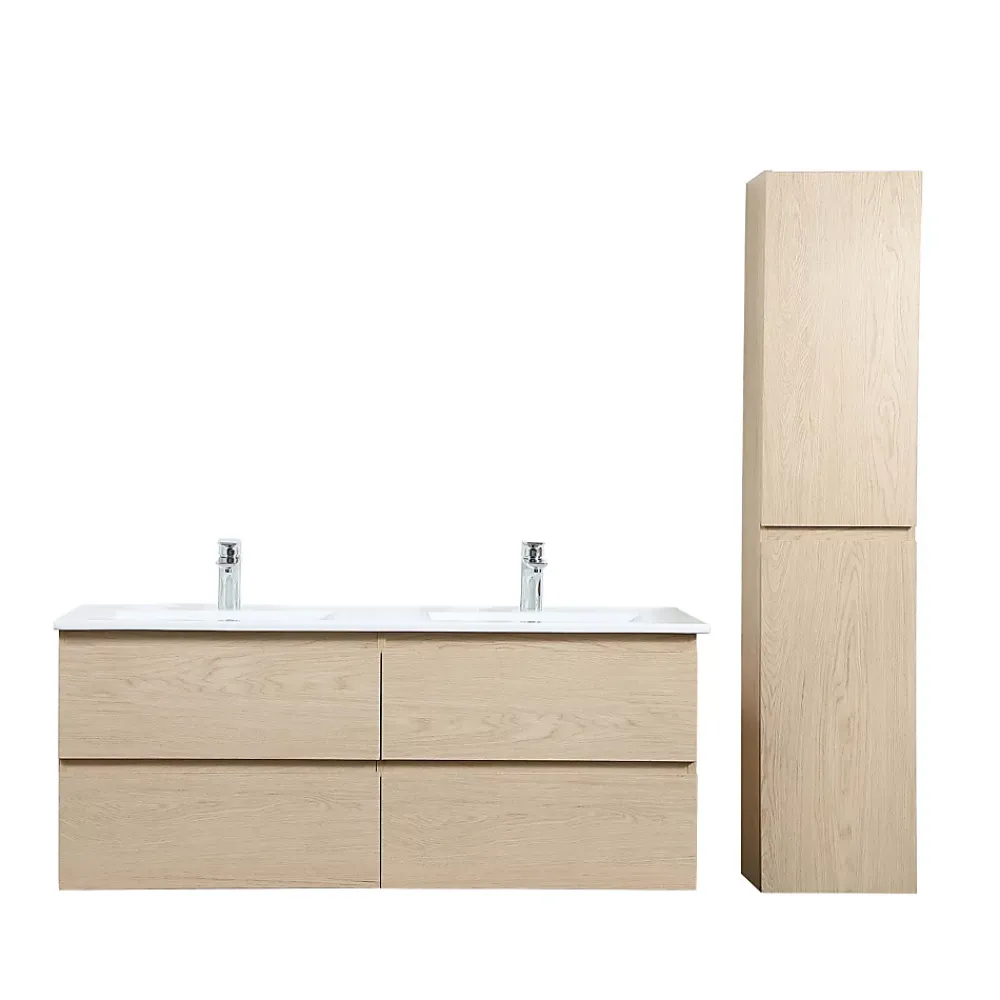 Ensemble Meuble De Salle De Bains|Mob-In Meuble double vasque 120cm avec plan céramique SORRENTO Décor chêne + colonne