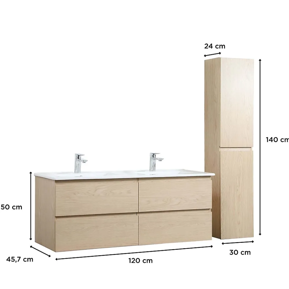 Ensemble Meuble De Salle De Bains|Mob-In Meuble double vasque 120cm avec plan céramique SORRENTO Décor chêne + colonne