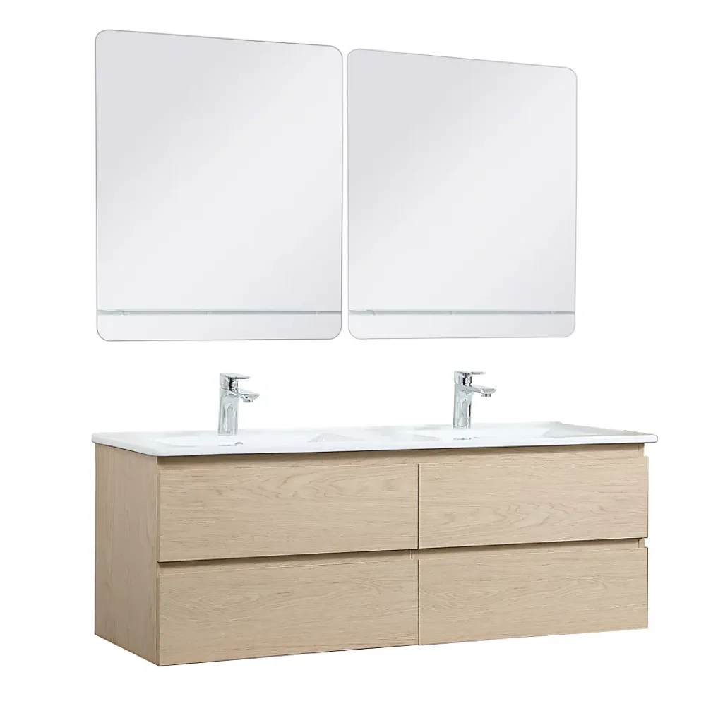 Mob-In Meuble double vasque 120cm avec plan céramique SORRENTO Décor chêne + miroir