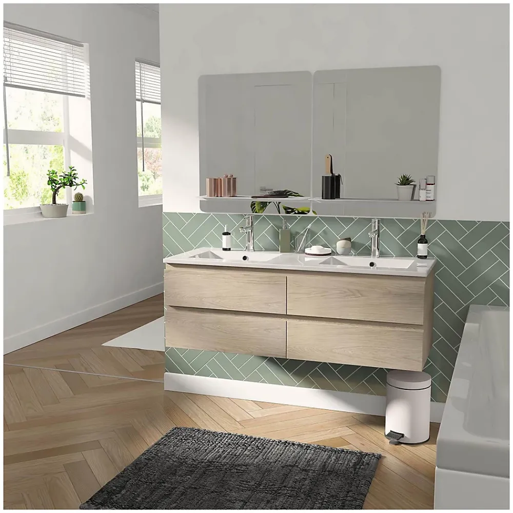 Mob-In Meuble double vasque 120cm avec plan céramique SORRENTO Décor chêne + miroir