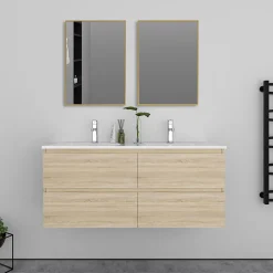 Ensemble Meuble De Salle De Bains|AICA Sanitaire Meuble double vasque, 4tiroirs l.120 x W.46 x H.52 cm,Chêne,avec lavabo et 2x miroir encadré