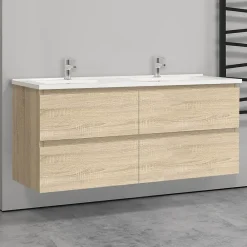 Ensemble Meuble De Salle De Bains|AICA Sanitaire Meuble double vasque, 4tiroirs l.120 x W.46 x H.52 cm,Chêne,avec lavabo et 2x miroir encadré