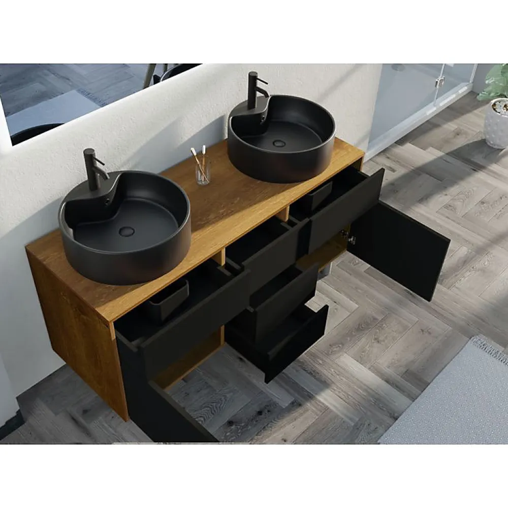 Ensemble Meuble De Salle De Bains|Distribain Meuble double vasque VENEZIA Bois Naturel et Noir mat (sans miroir)