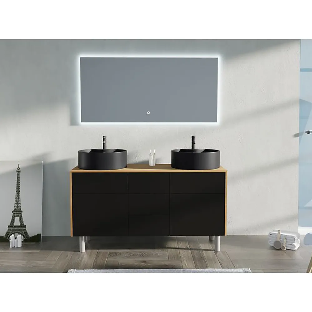 Ensemble Meuble De Salle De Bains|Distribain Meuble double vasque VENEZIA Bois Naturel et Noir mat (sans miroir)
