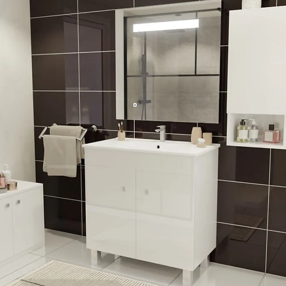 Ensemble Meuble De Salle De Bains|Cuisibane Meuble ECOLINE 80 cm avec plan vasque et miroir Elégance ht80- Blanc