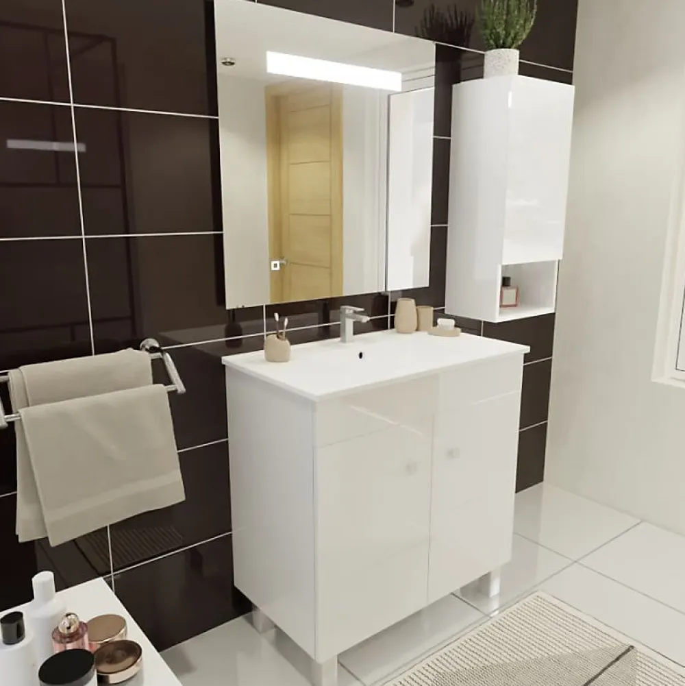 Ensemble Meuble De Salle De Bains|Cuisibane Meuble ECOLINE 80 cm avec plan vasque et miroir Elégance ht80- Blanc