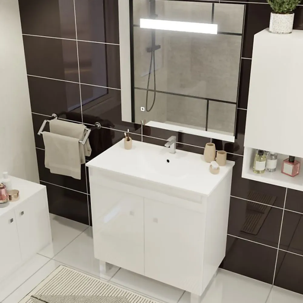 Ensemble Meuble De Salle De Bains|Cuisibane Meuble ECOLINE 80 cm avec plan vasque et miroir Elégance ht80- Blanc