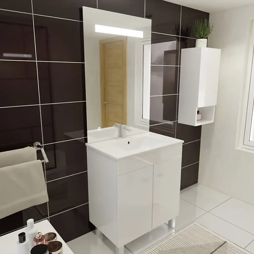 Ensemble Meuble De Salle De Bains|Cuisibane Meuble ECOLINE 70 cm avec plan vasque et miroir ELEG Plus ht105 - Blanc