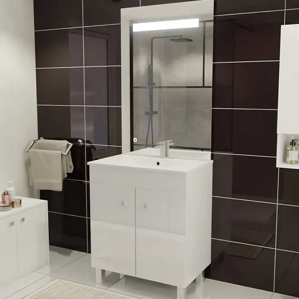 Ensemble Meuble De Salle De Bains|Cuisibane Meuble ECOLINE 70 cm avec plan vasque et miroir ELEG Plus ht105 - Blanc