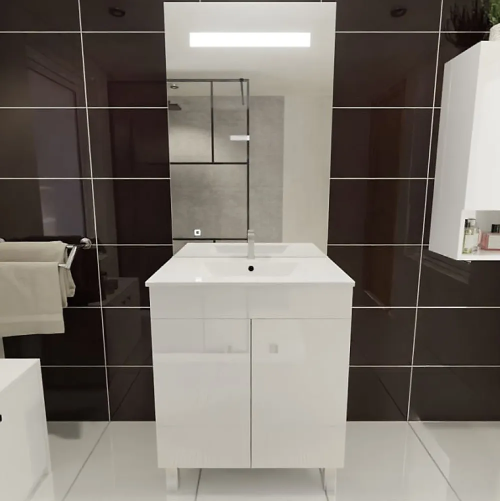 Ensemble Meuble De Salle De Bains|Cuisibane Meuble ECOLINE 70 cm avec plan vasque et miroir ELEG Plus ht105 - Blanc