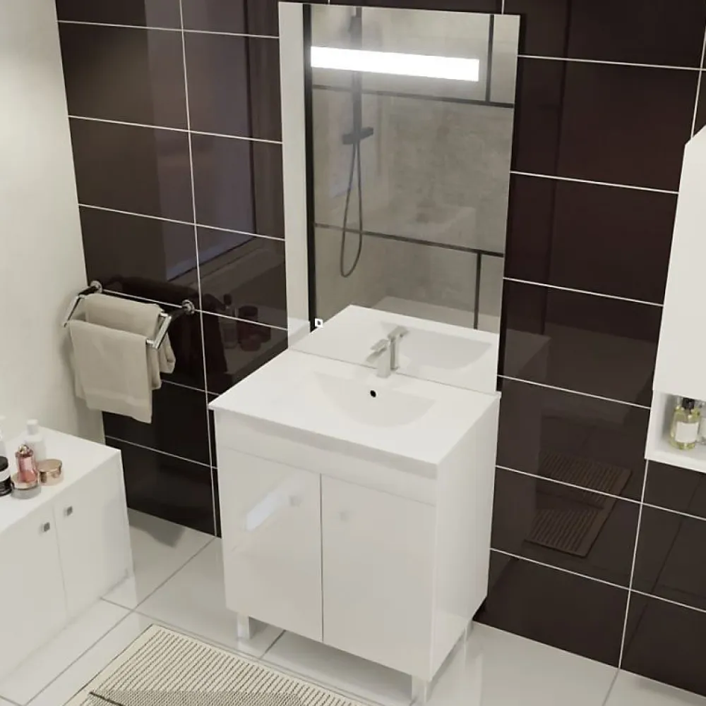 Ensemble Meuble De Salle De Bains|Cuisibane Meuble ECOLINE 70 cm avec plan vasque et miroir ELEG Plus ht105 - Blanc