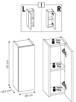Furnidea Meuble haut de salle de bain à suspendre NOVA OAK 20 x 57 cm