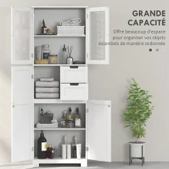Homcom Meuble haut de salle de bain - armoire salle de bain - grande colonne salle de bain - 4 portes, 2 tiroirs - blanc