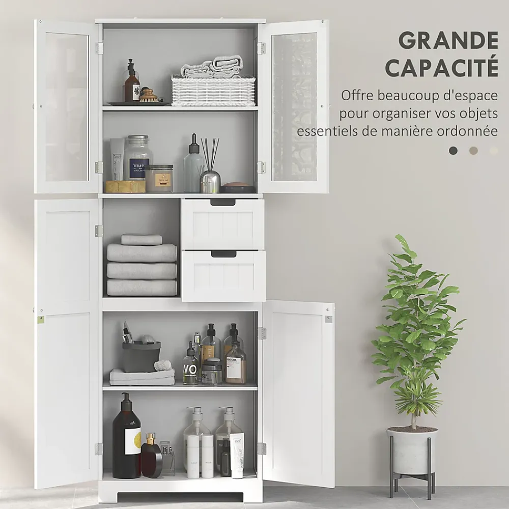 Homcom Meuble haut de salle de bain - armoire salle de bain - grande colonne salle de bain - 4 portes, 2 tiroirs - blanc