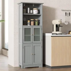 Colonne De Salle De Bains|Meuble De Salle De Bains Faible Profondeur|Giantex Meuble Haut de Salle de Bain Rangement 6 Niveaux avec 2 Etageres Ouvertes&2 Compartiments Porte en Verre Transparent Gris