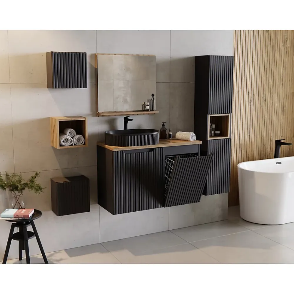 Meublorama Meuble haut de salle de bain VANO 1 porte Noir mat L30 x P18 x H30 cm Meuble suspendu