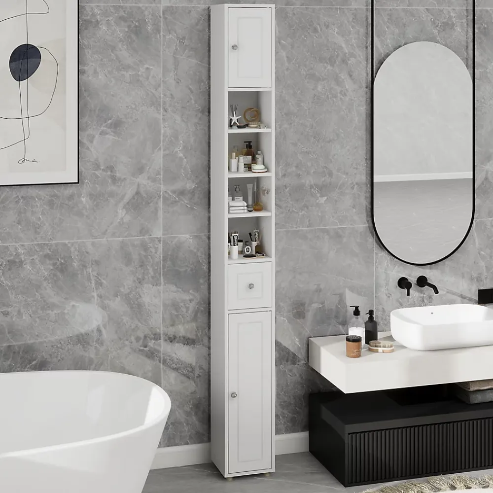 Meuble Wc|ProximaX Meuble haut et étroit salle de bain blanc, autoportant avec 1 tiroir, 2 portes et 4 étagères réglables, 180 cm