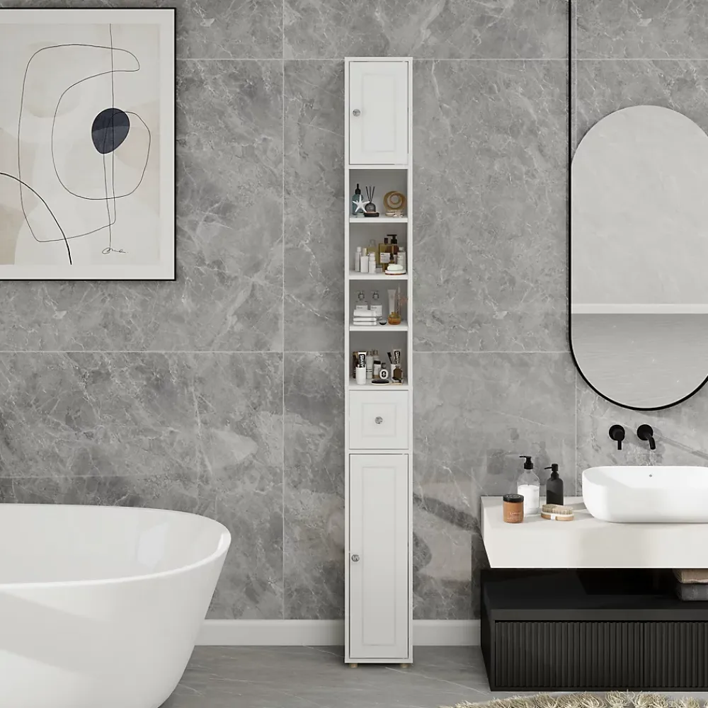 Meuble Wc|ProximaX Meuble haut et étroit salle de bain blanc, autoportant avec 1 tiroir, 2 portes et 4 étagères réglables, 180 cm