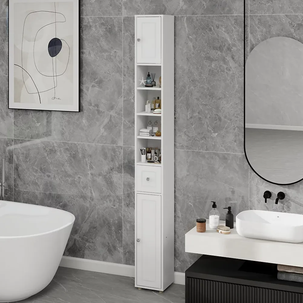 Meuble Wc|ProximaX Meuble haut et étroit salle de bain blanc, autoportant avec 1 tiroir, 2 portes et 4 étagères réglables, 180 cm